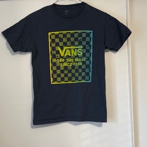 Vans Black Tee with Green and Yellow Checkered Design